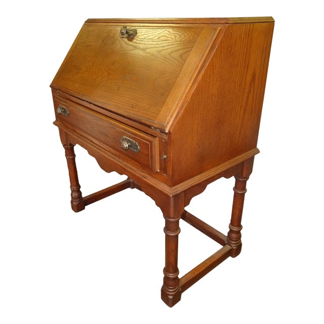 Lh25 Vintage French Country Drop Leaf Secretary Desk Solid Oak For Sale