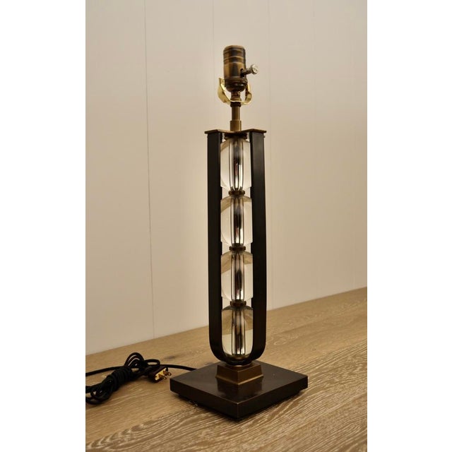 Out of production Thomas Obrien for Visual Comfort stacked crystal sphere lamp with brass frame in an antique and bronze...