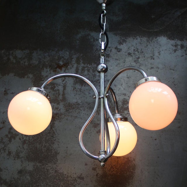 French Art Deco Nickel-Plated 3-Arm Chandelier with White Opaline Glass Globes For Sale - Image 9 of 10