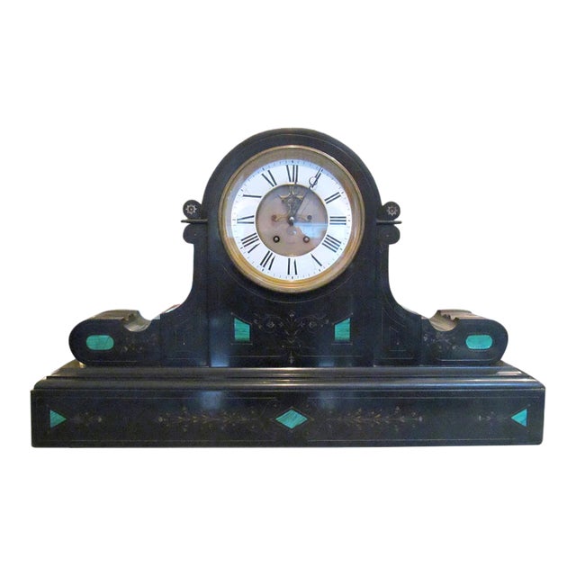 Antique Victorian Black Slate Malachite Mantel Clock For Sale