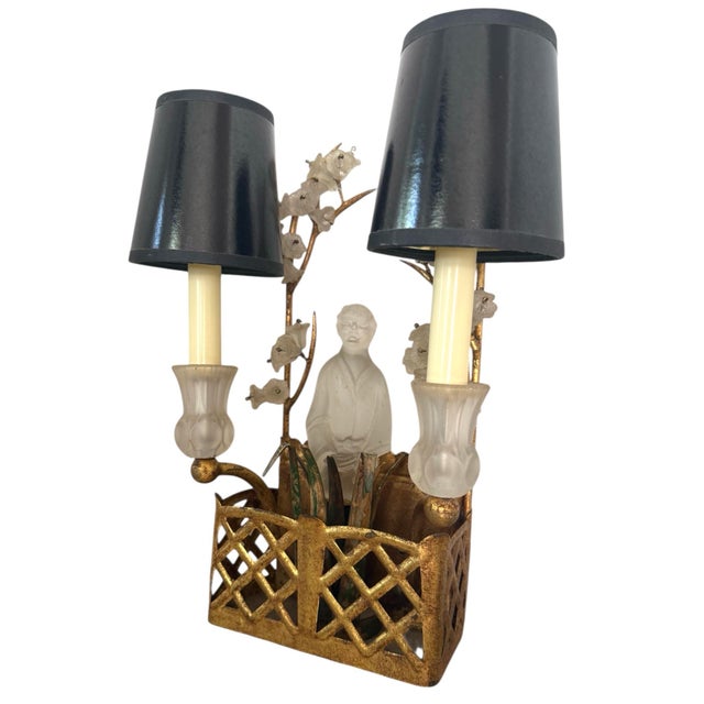 Chinoiserie Maison Bagues Attrib Gilded Tole and Frosted Glass Sconce For Sale - Image 3 of 10