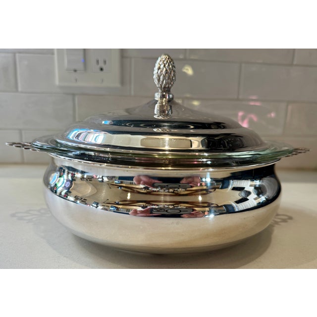 Simple and elegant vintage silverplate casserole/serving dish with classic pinecone motif. Made by The Sheffield Silver...