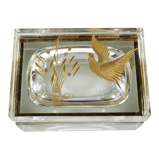 Vintage Etched Gold Glass Murano Box Bird & Plant For Sale