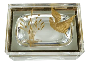 Vintage Etched Gold Glass Murano Box Bird & Plant