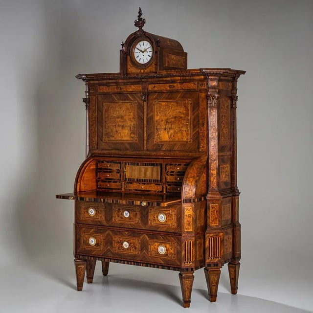 Neoclassical Cylinder Secretaire Desk with Clock, 1780 For Sale - Image 3 of 15