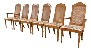 Drexel French Regency Louis XVI Carved Walnut and Cane Back Dining Chairs, Set of Six
