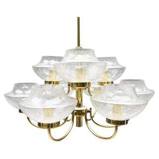 Vintage Glass and Brass Chandelier with Nine Heads, 1960s For Sale