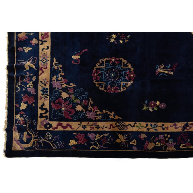 Navy Blue Antique Art Deco Chinese Wool Rug With Indigo Field and Lotus Medallions 9x11 For Sale - Image 8 of 12
