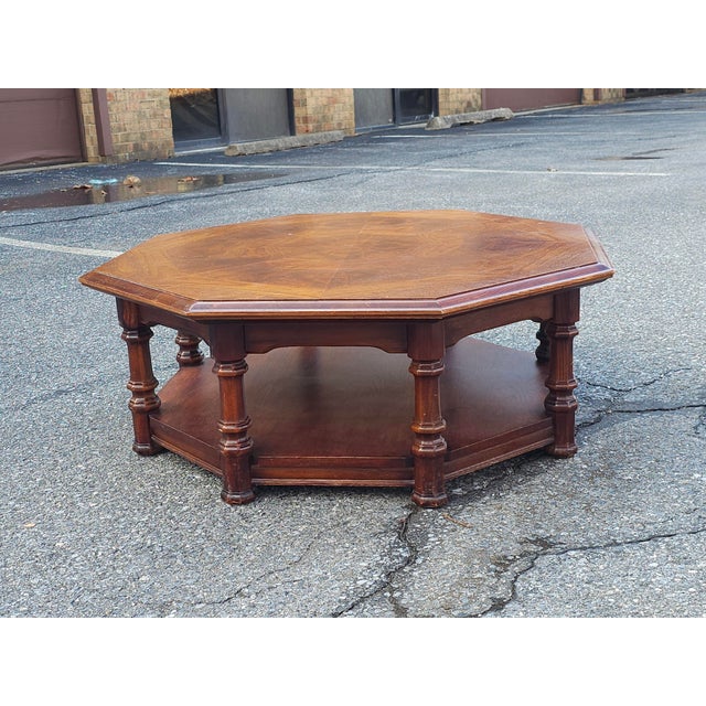 Late 20th Century Late 20th Century Octogonal Bookmatched Burl Fruitwoods Tiered Coffee Table For Sale - Image 5 of 10