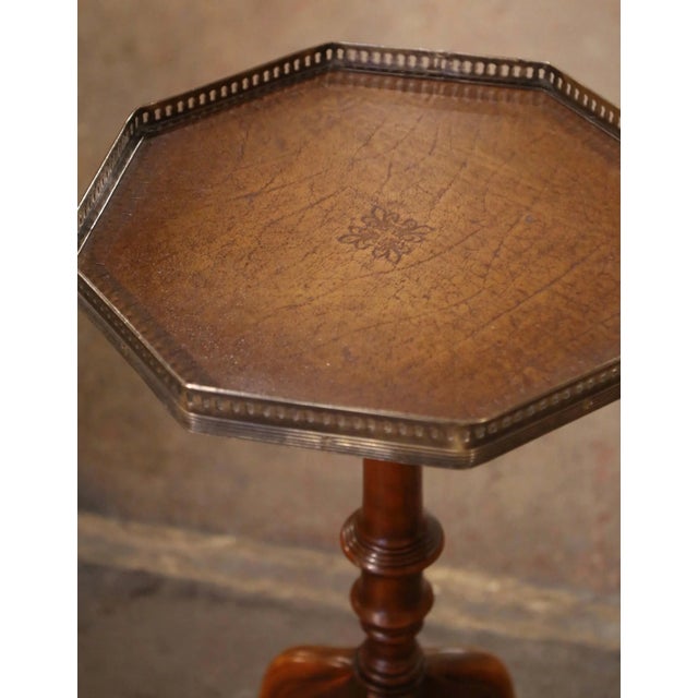 Vintage English Leather Top Walnut and Brass Octagonal Martini Side Table For Sale - Image 4 of 9
