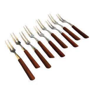 Mid 20th Century Mid Century Modern Stainless Steel With Wood Handles Cocktail Forks - Set of 9 For Sale