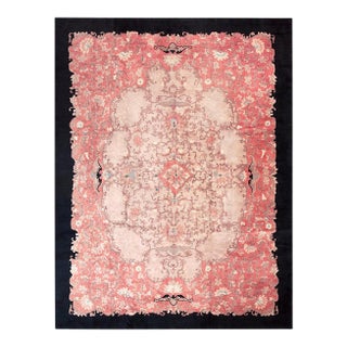 1920s Pink Rose Floral Antique Chinese Art Deco Rug 9'2" X 11'10" Handknotted Wool Carpet For Sale