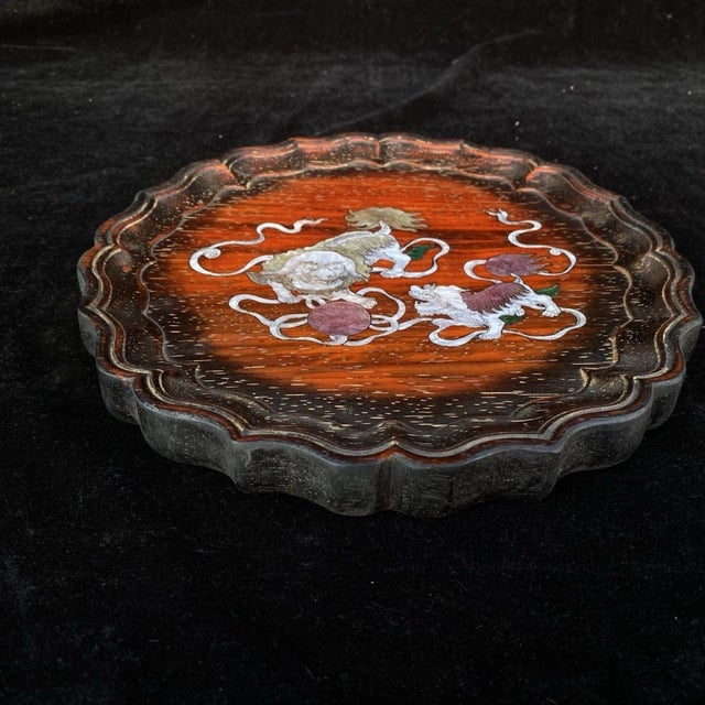 Shell Vintage Chinese Rosewood & Mother-of-Pearl Inlay Dish – "Lion Dance" Motif For Sale - Image 7 of 10