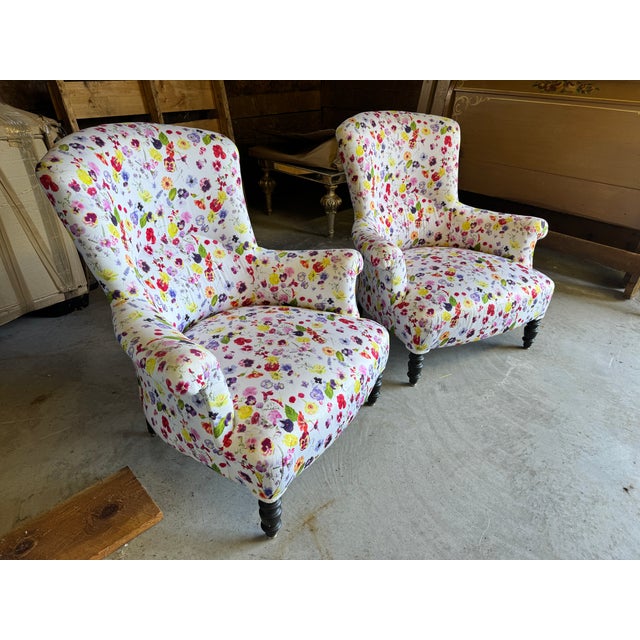Wood Pair of 19th Century French Napoleon III Armchairs in Vibrant Floral Upholstery For Sale - Image 7 of 8