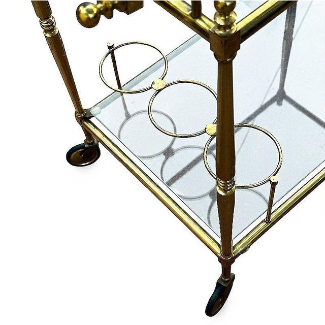 Gold Mid-Century Regency French Solid Brass & Glass Bar Cart W/ Bottle Holder For Sale - Image 8 of 11