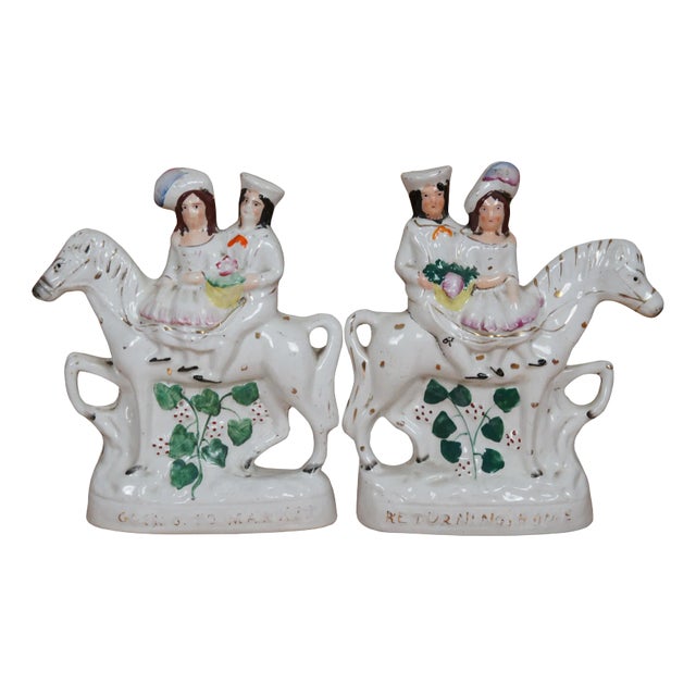 Antique Staffordshire Going to Market Returning Home Horseback Figurines- Set of 2 For Sale