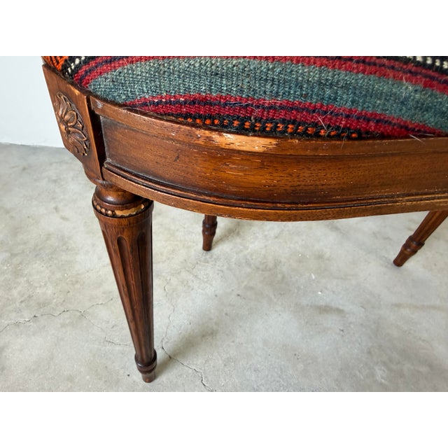 Vintage French Provincial Louis XVI-Style Kidney-Shaped Upholstered Vanity Stool Bench For Sale - Image 11 of 13