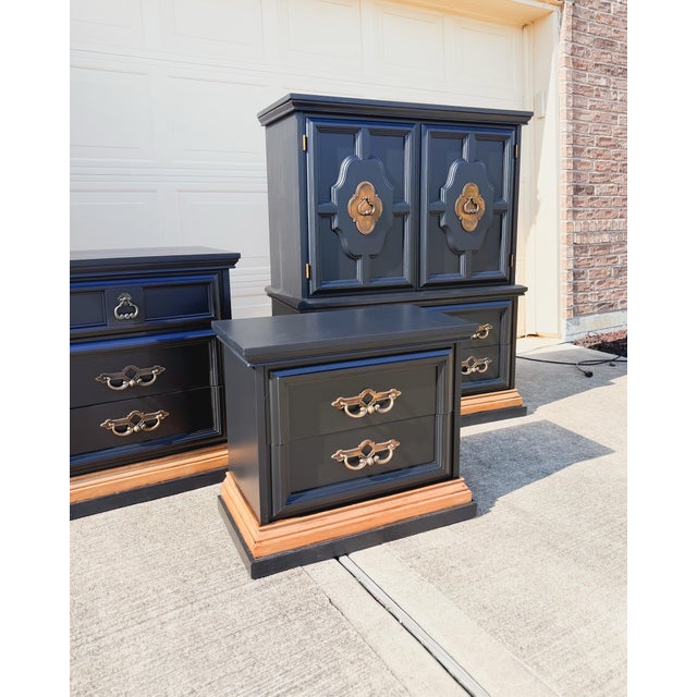 Make a bold statement with this solid wood vintage bedroom set, refinished in a rich black with original brass hardware....