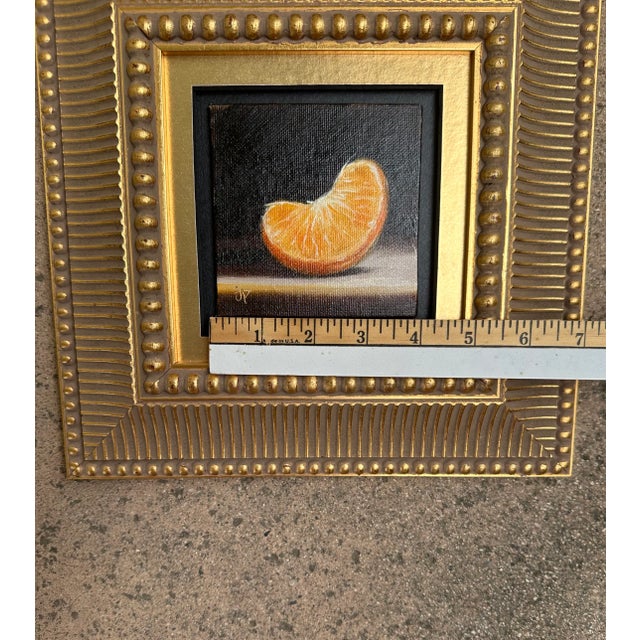 21st Century Orange Slice Oil on Board Gilt Wood Framed Painting Yellow Black Gold Handmade Signed Still Life Fruit For Sale - Image 10 of 13