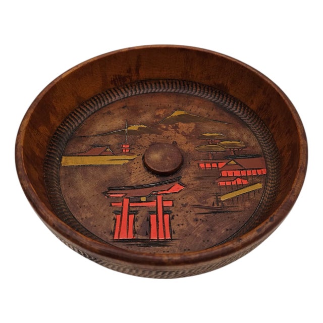 Japanese Carved Wooden Nut Bowl With Torii Temple Motif, 8" For Sale