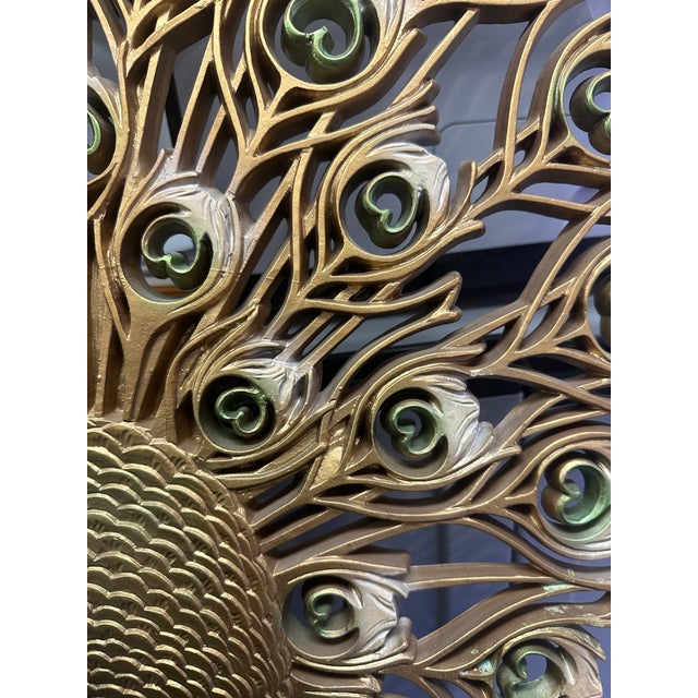 1960s MCM 1960's Jeweled Burlwood Peacock Large Wall Art Hanging Hollywood Regency For Sale - Image 5 of 10