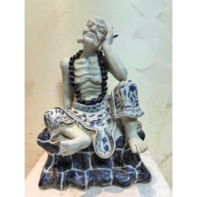 Chinese Vintage Ceramic Buddhist Sculpture,Hand Carved Blue and White Porcelain the Eighteen Arhats Statue For Sale In Seattle - Image 6 of 9