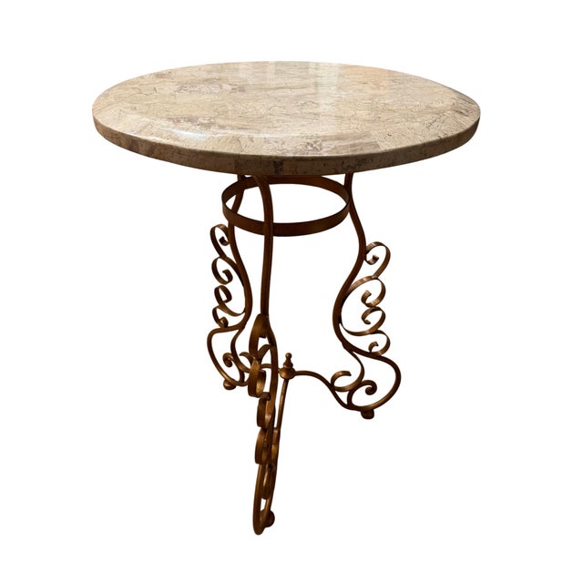 French Scroll French Style Wrought Iron + Travertine Accent Table For Sale - Image 3 of 6