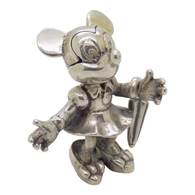 Vintage Italian Handmade Genuine Silver Minnie With Umbrella Character Figurine Sculpture, Made in Arezzo (Ar, Tuscany) For Sale