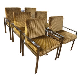 1970s Milo Baughman Style Chrome “Flat Bar” Upholstered Dining Chairs - Set of 6 For Sale
