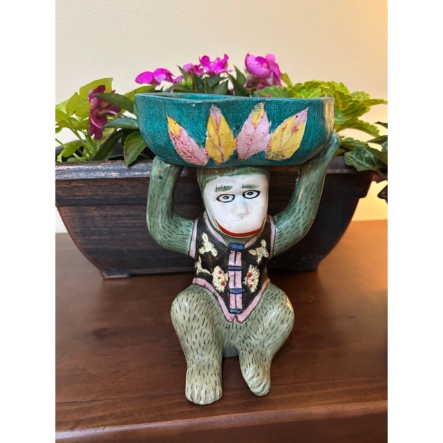 Teal Mid 20th Century Chinese Porcelain Monkey in Floral Vest Holding a Lotus Bowl For Sale - Image 8 of 12