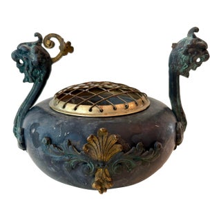 Early 20th Century Chinese Soapstone Dragon Censer With Pierced Brass Lid For Sale