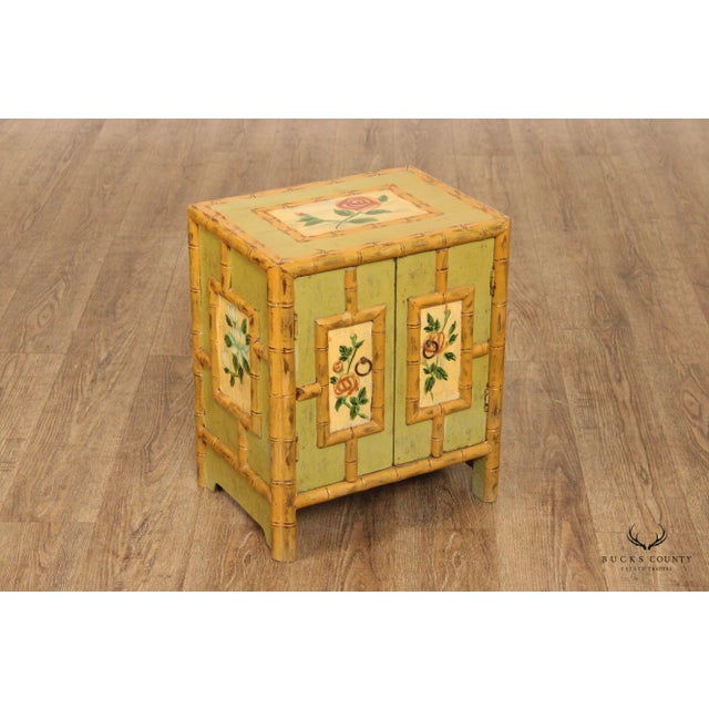 Chinoiserie Vintage Faux Bamboo Paint Decorated Low Two-Door Cabinet For Sale - Image 3 of 13