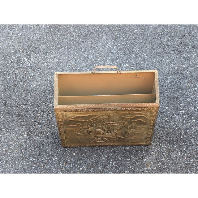 Early 20th Century Vintage Sailboat Scene Embossed Brass Magazine Holder/Rack For Sale - Image 5 of 10