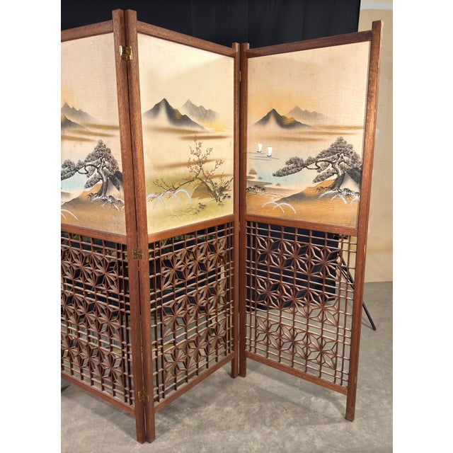 Japanese Four-Panel Teak Room Divider Screen With Silk Landscape Panels and Asanoha Fretwork For Sale In Providence - Image 6 of 10