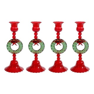 Red & Green Holiday Wreath Taper Candle Holders, Set of 4 For Sale