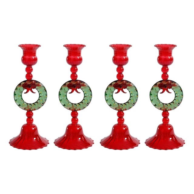 Red & Green Holiday Wreath Taper Candle Holders, Set of 4 For Sale