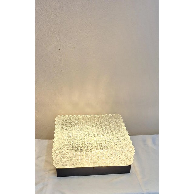 Vintage German Ceiling Lamp with Black Plastic Base and Patterned Glass Shade from Erco, 1970s For Sale - Image 3 of 9