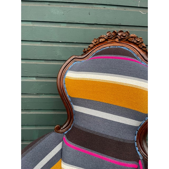 Antique Bohemian Stripped Upholstered Rustic Armchairs (All New Upholstery) Set of 2 For Sale - Image 12 of 12