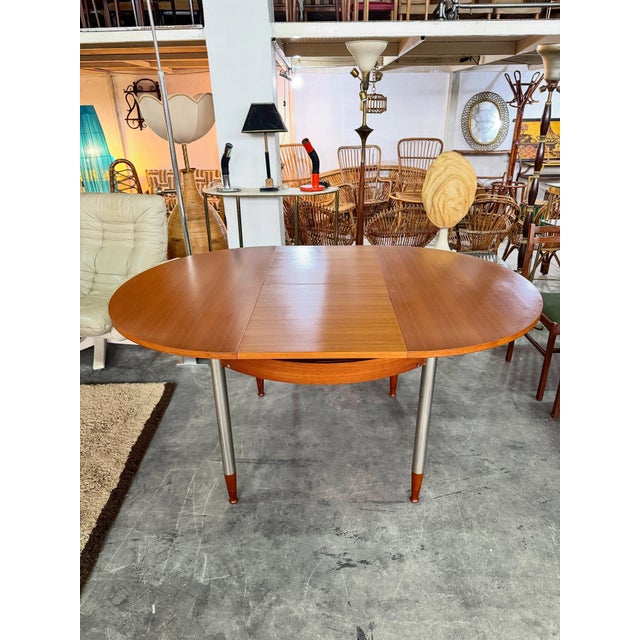 1960s Extendable Round Table with Teak Top and Feet and Satin-Finish Metal Legs, 1960s For Sale - Image 5 of 8