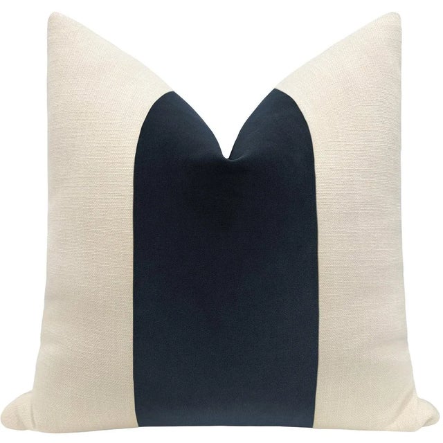 Beautiful pair of custom-made, natural linen pillows with a Prussian Designer Velvet center and solid natural linen...