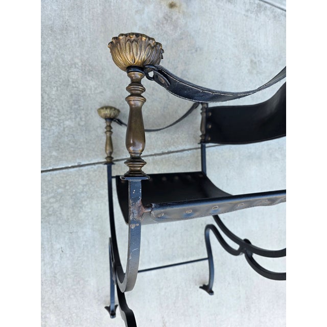 Vintage Italian Curule Savonarola Armchair in Black Leather Brass & Iron For Sale - Image 16 of 17