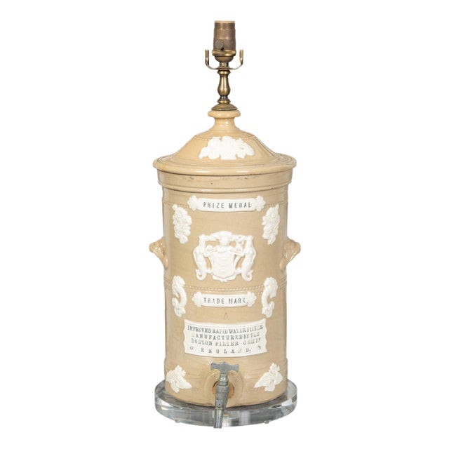 19th Century English Cream Glazed Stoneware Water Filter Made into a Wired Lamp For Sale