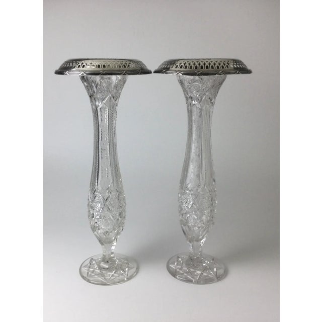 Antique American Brilliant cut glass and Gorham sterling silver vases pair. Vases each stand 16 1/2" tall by 7 1/2" in...