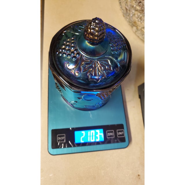 Glass Vintage Indiana Iridescent Blue Carnival Glass Canister With Lid For Sale - Image 7 of 7