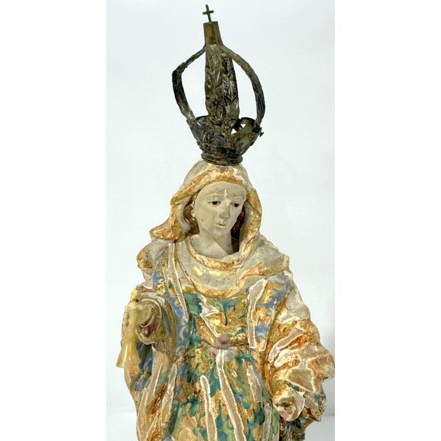Incredible carved wooden idol of Madonna and Child (Or Mary as Queen of Heaven with a seraphim). Much original paint...