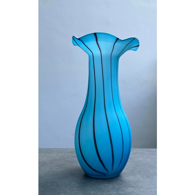 Italian Encased Glass Vase 12” Deep Sky Blue W/Purple Stripes, Elegant Silhouette, Handmade Whimsical For Sale - Image 3 of 12