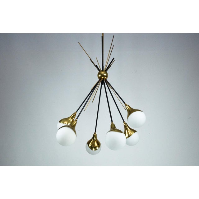 Mid-Century Italian Brass and Opaline Glass Chandelier from Stilnovo, 1950s For Sale - Image 6 of 16