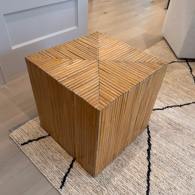 Vintage split reed rattan/bamboo side table in the style of Gabriella Crespi. Great mitered detail at the top. Versatile...