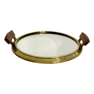 20thC. Mid-Century Modern Brass and Wood Oval Serving Tray With Mirrored Glass For Sale