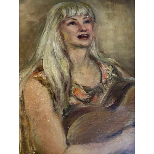 Wood Mid Century Oil on Canvas - Two Women Playing Guitar (And a Mandolin) Signed For Sale - Image 7 of 10